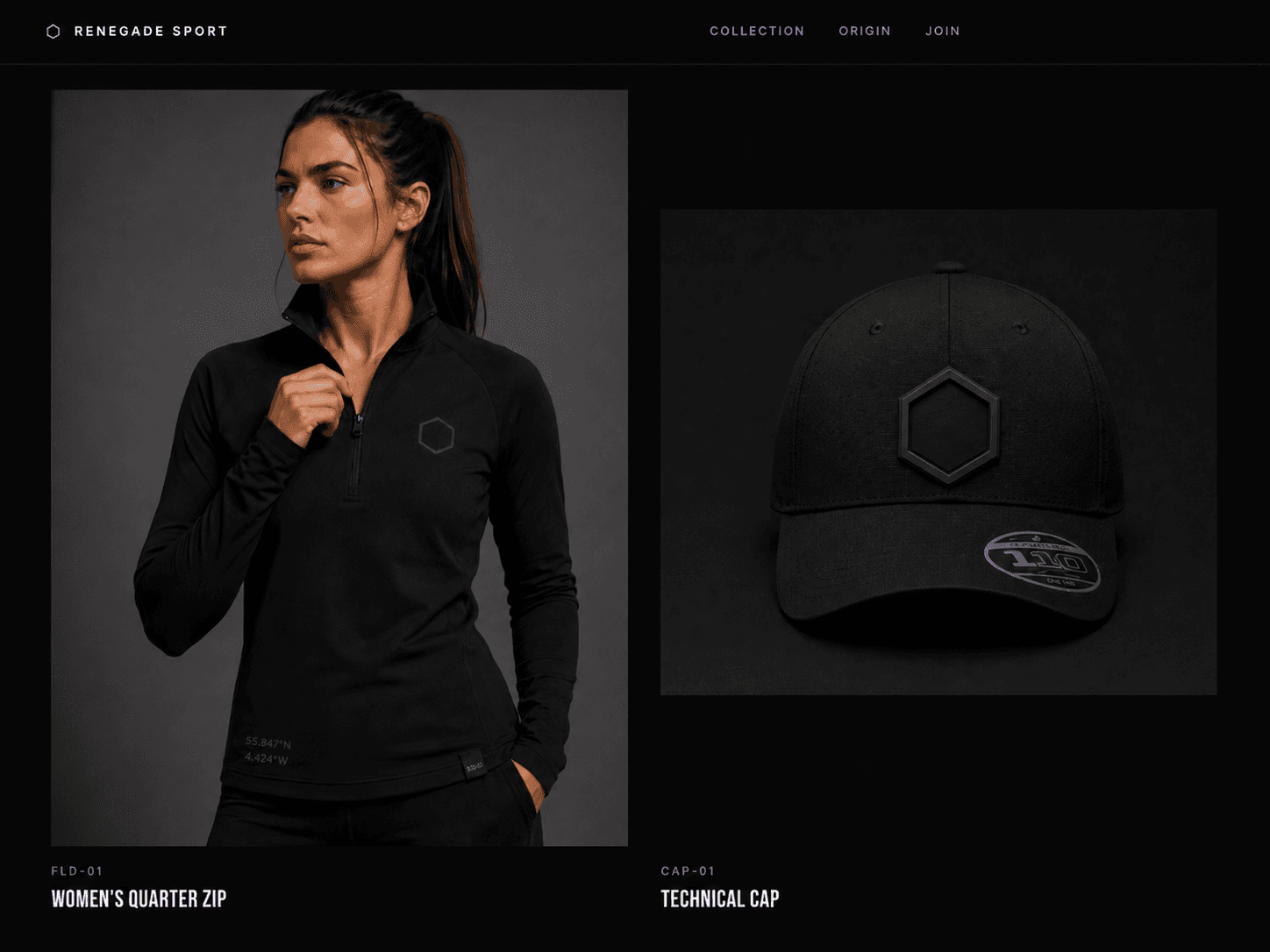 Renegade Sport collection page showing women's quarter zip and technical cap