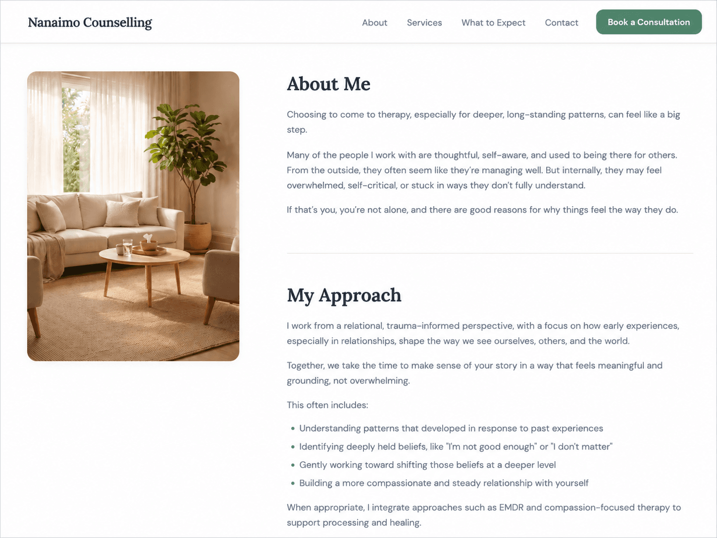 Counselling website About Me page with counsellor introduction and therapeutic approach