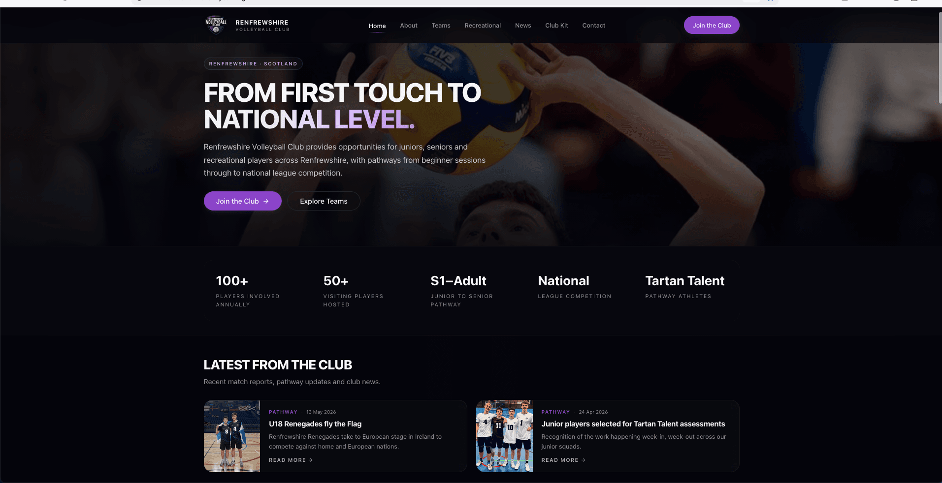 Renfrewshire Volleyball Club homepage with player pathways and club welcome