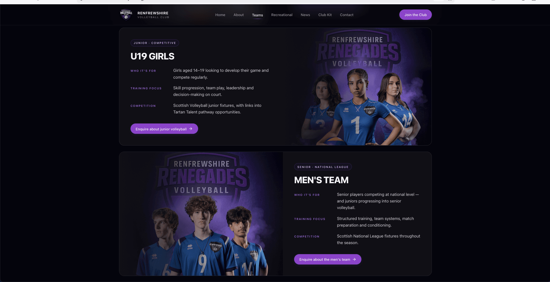 Renfrewshire Volleyball Club teams page showing junior and senior team journeys