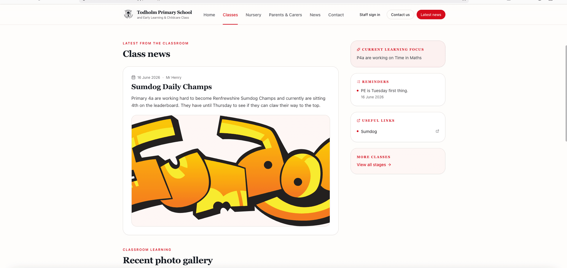 Todholm Primary School class news page with classroom updates and school communication